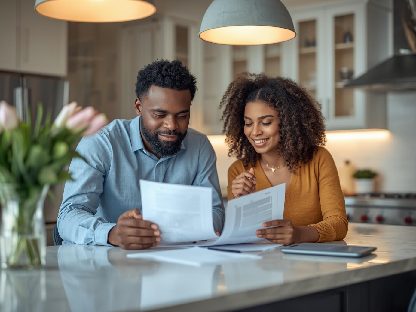 Couple reviewing mortgage documents with advisor