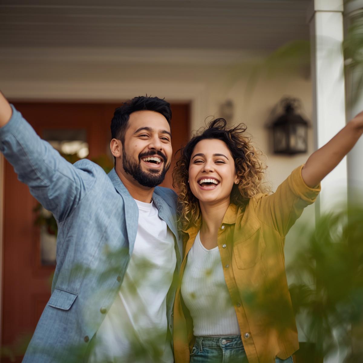Happy first-time home buyers celebrating outside their new home