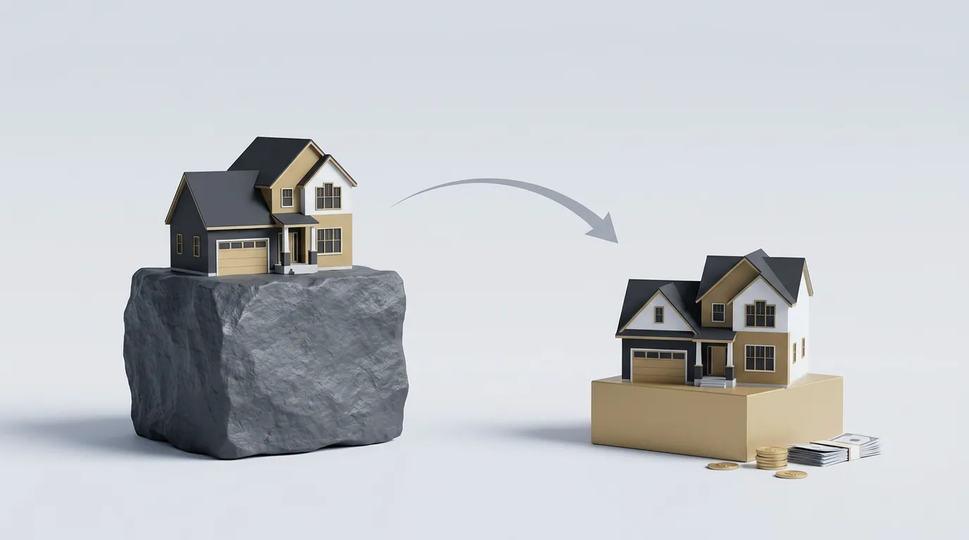 Illustration of refinancing: a home moves from a heavy, expensive mortgage to a lighter one, releasing savings and equity